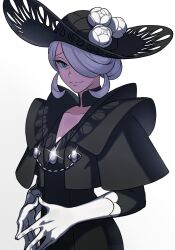 1girl bite_addict black_hat cogita_(pokemon) female_focus gloves hat highres looking_at_viewer mature_female nintendo one_eye_covered pokemon pokemon_legends:_arceus smile white_background