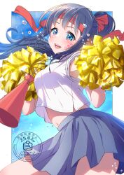1girl absurdres artist_logo black_hair blue_eyes blue_sky blush border breasts cheering cheerleader choppy_bangs collared_shirt commentary_request cowboy_shot crop_top cropped_shirt day eyelashes facial_tattoo floating_hair grey_skirt headband highres holding holding_pom_poms logo long_hair looking_at_viewer medium_breasts megaphone megaphone_necklace midriff miniskirt navel open_mouth original outdoors outside_border pancake_(pocket_domori) pleated_skirt pom_pom_(cheerleading) pom_poms ponytail red_headband school_uniform shirt short_sleeves skirt sky smile solo tattoo teeth tongue upper_teeth_only water_drop watermark white_border white_shirt