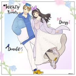 1boy 1girl alternate_hairstyle animification bow brown_hair coat daisy_duck donald_duck dress hair_bow humanization long_eyelashes long_hair looking_at_viewer meecosme mickey_mouse_&amp;_friends official_alternate_costume shirt short_hair skirt smile sweater