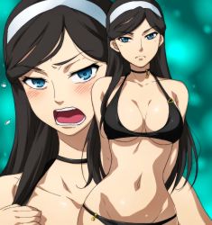 Rule 34 | 10s, 1girl, absurdres, annoyed, arms behind back, bikini, black hair, blue eyes, blush, breasts, choker, cleavage, curvy, groin, hairband, hairu, highres, hip focus, kumashiro maya, large breasts, long hair, multiple views, narrow waist, navel, open mouth, raised eyebrow, seikimatsu occult gakuin, swimsuit, underboob, wide hips, zoom layer