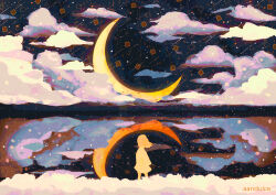 1girl aandulce absurdres artist_name blonde_hair cloud cloudy_sky crescent dress highres long_hair long_sleeves moon night original reflection shooting_star sky star_(sky) tagme yellow_dress