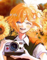 1boy antenna_hair basil_(faraway)_(omori) basil_(omori) blonde_hair blue_eyes blurry blurry_background camera collared_shirt day flower green_sweater_vest hair_flower hair_ornament highres holding holding_camera male_focus omori outdoors ow12714 revision shirt short_hair short_sleeves solo sunflower sweater_vest teeth tongue upper_body white_shirt