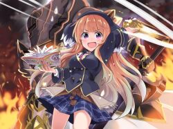2girls armor black_armor blue_jacket blue_skirt book breasts buttons commentary_request cowboy_shot double-breasted fiery_background fire freshman_lou full_armor gradient_hair grey_hair holding holding_book holding_sword holding_weapon ito_ryo jacket jun_(princess_connect!) large_breasts long_hair looking_at_viewer miniskirt multicolored_hair multiple_girls orange_hair plaid_clothes plaid_skirt pleated_skirt princess_connect! skirt standing sweat sword very_long_hair weapon