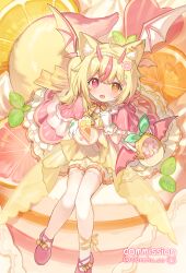 1girl absurdres animal_ears blonde_hair cloneko_(zelmeledf2) commentary_request commission demon_girl demon_horns demon_wings dress food fox_ears fox_girl fox_tail full_body head_wings heterochromia highres holding holding_plate holding_spoon horns looking_at_viewer multicolored_hair open_mouth orange_eyes original plate red_eyes red_hair red_shoes shoes side_ponytail sitting skeb_commission solo spoon streaked_hair tail thighhighs white_thighhighs wings