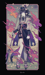 1girl black_hair blunt_bangs bow clothing_request collared_shirt falling_petals field fire flower geta half_updo hand_fan hasuimo hat highres holding holding_polearm holding_weapon japanese_clothes juliet_sleeves long_sleeves looking_to_the_side naginata nail_polish ofuda original outdoors paper_fan petals polearm puffy_sleeves purple_eyes seal_impression shirt solo tabi tate_eboshi tengu-geta thigh_strap weapon whorled_flames