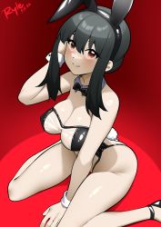 1girl absurdres alternate_costume animal_ears ankle_strap artist_name bare_legs black_bow black_bowtie black_hair bow bowtie breasts cleavage closed_mouth dated detached_collar fake_animal_ears from_above highres large_breasts leotard looking_at_viewer medium_hair meme_attire playboy_bunny rabbit_ears rabbit_tail red_background red_eyes ryle see-through_clothes see-through_leotard sidelocks sitting skindentation smile solo spy_x_family tail thighs translucent_bunnysuit wariza wrist_cuffs yor_briar