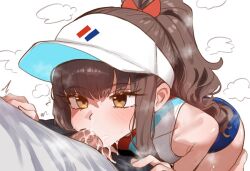 1boy 1girl brown_eyes brown_hair cum cum_in_mouth ebora ejaculation fate/extra fate/grand_order fate_(series) fellatio hat hetero imminent_fellatio kishinami_hakuno_(female) kneeling long_hair multicolored_swimsuit one-piece_swimsuit open_pants oral pants penis ponytail swimsuit uncensored visor_cap white_background white_hat