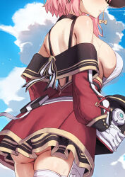 1girl ass bare_shoulders black_choker blue_sky breasts charlotte_(genshin_impact) choker cloud commentary cowboy_shot day genshin_impact gloves green_eyes hat highres holding kangbus large_breasts long_sleeves miniskirt monocle newsboy_cap off_shoulder outdoors parted_lips pink_hair profile red_hat red_skirt revision short_hair skirt sky solo standing thigh_strap thighs white_gloves