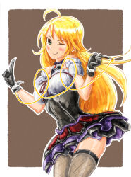 Rule 34 | 1girl, ahoge, black gloves, blonde hair, blush, border, breasts, brooch, brown background, closed mouth, cowboy shot, dress, fishnet thighhighs, fishnets, gloves, green eyes, highres, hoshii miki, idolmaster, idolmaster (classic), idolmaster platinum stars, jewelry, long hair, looking at viewer, one eye closed, ooeyama ken, outline, outside border, passion vampire (idolmaster), smile, solo, standing, thighhighs, white border, white outline