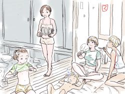 1boy 4girls 5girls blonde_hair breast_conscious brown_hair clothes_lift fan finger_to_mouth flat_chest highres jiji_(nana1234) lifting_own_clothes lying multiple_girls nipples on_back open_mouth original panties ponytail porch shirt_lift short_shorts shorts shota shushing sitting sleeping sliding_doors standing underwear zzz