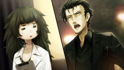 1boy 1girl :o =_= adam&#039;s_apple annoyed beard_stubble black_cardigan black_hair black_jacket black_shirt blunt_bangs breast_pocket cardigan clipboard closed_mouth clothing_request coat collar collarbone collared_shirt comedic_sweatdrop dress facial_hair flat_chest game_cg green_collar green_hair green_trim grey_dress highres hiyajou_maho holding holding_clipboard huke jacket lab_coat lapels long_hair long_sleeves messy_hair narrowed_eyes nervous_sweating non-web_source notched_lapels object_in_pocket official_art okabe_rintarou okabe_rintarou_(beta) open_clothes open_mouth pen_in_pocket pocket ringed_eyes shirt short_hair square_pupils standing steins;gate steins;gate_0 stubble sweat sweatdrop thick_eyebrows tongue transparent_background very_long_hair white_coat white_shirt yellow_eyes