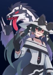 1girl black_bow black_choker black_gloves black_skirt bow choker claws collarbone dark_miku_(project_voltage) earrings gen_8_pokemon gloves hair_between_eyes hat hat_bow hatsune_miku hibun_tsukasa jewelry long_hair long_sleeves luxury_ball nintendo obstagoon open_mouth poke_ball pokemon pokemon_(creature) project_voltage red_eyes shaded_face shirt skirt tongue tongue_out twintails vocaloid white_hat white_shirt