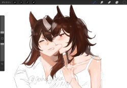 2girls animal_ears art_program_in_frame bare_shoulders biting biting_cheek brown_hair camisole closed_eyes collarbone commentary gohagohannn hand_on_another&#039;s_shoulder highres horse_ears horse_girl long_hair multicolored_hair multiple_girls procreate_(software) red_eyes shirt simple_background sirius_symboli_(umamusume) streaked_hair symboli_rudolf_(umamusume) twitter_username umamusume upper_body white_background white_camisole white_hair white_shirt