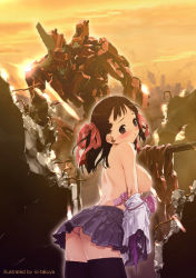 Rule 34 | 1girl, :o, ass, back, black eyes, black hair, blush, bra, breasts, cityscape, cloud, embarrassed, female focus, hair ribbon, io takuya, large breasts, lingerie, looking back, mecha, open mouth, original, outdoors, panties, pantyshot, pink bra, pink panties, pleated skirt, profile, public indecency, ribbon, robot, ruins, school uniform, serafuku, skirt, sky, solo, standing, striped bra, striped clothes, striped panties, sun, sunset, topfreedom, topless female, twintails, underwear, undressing