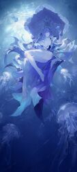 1girl absurdres anno_meiji asymmetrical_legwear blue_eyes blue_flower breasts cantarella_(wuthering_waves) commentary_request dress earrings fingernails flower full_body garter_straps hair_between_eyes hair_flower hair_ornament hand_up headdress high_heels highres holding holding_umbrella jellyfish jewelry kneehighs large_breasts long_hair nail_polish parted_lips purple_hair purple_nails purple_umbrella shoes single_kneehigh single_sock smile socks solo thighhighs thighs umbrella uneven_legwear white_dress white_garter_straps white_shoes white_socks white_thighhighs wuthering_waves