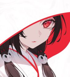 1girl alternate_costume animal_hair_ornament blending brown_hair hair_over_shoulder highres hooded_kimono inui_toko japanese_clothes kimono looking_at_viewer nijisanji one_eye_covered red_eyes red_lips shiromuku solo uchikake virtual_youtuber wataboushi white_kimono yuki_hare1130