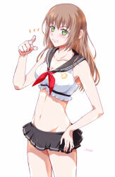 1girl artist_name breasts brown_hair crop_top duvalie eiyuu_densetsu green_eyes grin hair_between_eyes hand_on_own_hip long_hair looking_at_viewer medium_breasts midriff miniskirt navel pointing pointing_at_viewer sen_no_kiseki_(series) sideburns simple_background skirt smile upper_body white_background xiacheng_tatsuya