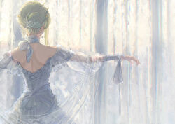 Rule 34 | 1girl, absurdres, back, blonde hair, curtains, dress, earrings, from behind, german commentary, hair bun, hair ornament, highres, jewelry, moririmuli, morning, original, outstretched arms, short hair, solo, spread arms, upper body, white dress, window
