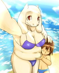 1girl artist_request brown_eyes brown_hair frisk_(undertale) furry goat highres selfie short_hair smile swimsuit toriel undertale