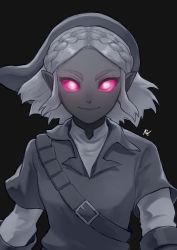 Rule 34 | 1girl, absurdres, alternate costume, bad id, bad twitter id, belt, black background, black headwear, black theme, braid, closed mouth, colored sclera, colored skin, cosplay, crown braid, dark link, gloves, grey gloves, grey hair, hat, highres, layered clothes, link, link (cosplay), looking at viewer, nintendo, pink eyes, pink sclera, pointy ears, princess zelda, rv (gvdn7245), short hair, signature, simple background, smile, the legend of zelda, the legend of zelda: breath of the wild, the legend of zelda: tears of the kingdom, the legend of zelda: ocarina of time, tunic, upper body