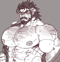 1boy abs bara beard chest_hair commentary duessel_(fire_emblem) english_commentary facial_hair fire_emblem fire_emblem:_the_sacred_stones highres huge_pectorals juggermelon male_focus mature_male multicolored_hair muscular muscular_male mustache nintendo nipples old old_man one_eye_closed pectorals sketch solo two-tone_hair upper_body