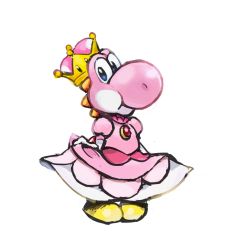 1other blue_eyes brooch closed_mouth collared_dress commentary_request crown dress elbow_gloves full_body gloves highres jewelry lizard_tail long_dress looking_at_viewer mario_(series) new_super_mario_bros._u_deluxe nintendo nontan_(nontan_) nostrils pigeon-toed pink_dress puffy_short_sleeves puffy_sleeves shoes short_sleeves simple_background skirt_hold smile standing super_crown tail white_background white_gloves yellow_shoes yoshi