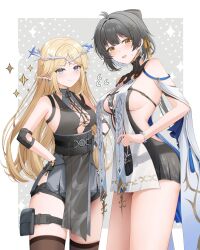 2girls absurdres antenna_hair bare_shoulders black_bow black_collar black_dress black_hair black_shorts black_thighhighs blonde_hair blue_eyes blush bow breasts cartethyia_(wuthering_waves) closed_mouth collar commentary_request cosplay costume_switch cowboy_shot cross-laced_clothes cross-laced_dress crown_of_thorns dress earrings elbow_pads female_rover_(wuthering_waves) hair_bow hair_ribbon hand_on_own_hip highres jewelry large_breasts long_hair looking_at_viewer low_ponytail medium_breasts multiple_girls open_mouth pelvic_curtain pointy_ears ponytail pouch ribbon rover_(wuthering_waves) short_shorts shorts sideboob sidelocks sinonomemikann sleeveless sleeveless_dress smile sparkle sweatdrop tabard tacet_mark_(wuthering_waves) thigh_pouch thighhighs thighs white_tabard wuthering_waves yellow_eyes yellow_ribbon