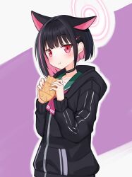 1girl :t animal_ears asagizu black_hair black_jacket blue_archive cat_ears commentary eating extra_ears food green_sailor_collar halo highres holding holding_food hood hooded_jacket jacket kazusa_(blue_archive) multicolored_hair neckerchief pink_hair pink_halo pink_neckerchief red_eyes sailor_collar short_hair solo