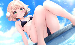 1girl absurdres bare_legs bare_shoulders bikini black_bikini blonde_hair blunt_bangs blush braid breasts closed_eyes cloud cloudy_sky collarbone commentary_request dutch_angle feet_out_of_frame from_below green_eyes hair_ornament hair_rings halterneck highres indie_virtual_youtuber knees_together_feet_apart knees_up kudok87 light_smile looking_at_viewer outdoors pom_pom_(clothes) pom_pom_hair_ornament poolside shigure_ui_(vtuber) short_hair sitting sky small_breasts solo swimsuit thighs virtual_youtuber