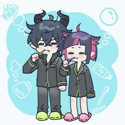 Rule 34 | 2boys, :t, = =, absurdres, ahoge, black hair, black horns, black pants, black shirt, blush stickers, brushing teeth, chinese commentary, closed eyes, commentary request, crossed bangs, cup, deformed, fang, green slippers, green trim, hair between eyes, highres, holding, holding toothbrush, horns, lilia vanrouge, long sleeves, male focus, malleus draconia, mug, multiple boys, pajamas, pants, pink hair, pink slippers, pointy ears, riko shinkai, shirt, short hair, slippers, toothbrush, toothpaste, twisted wonderland, v-shaped eyebrows