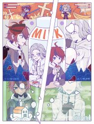 Rule 34 | 2boys, absurdres, ahoge, anger vein, aotsuki eito, black gloves, black streaks, blood, blue eyes, blue jacket, bottle, breast pocket, chinese commentary, cross, crown of thorns, drawstring, fire, glasses, gloves, grey eyes, grey hair, grey jacket, hand up, headgear, health bar, highres, holding, holding milk carton, holding rocket launcher, holding sword, holding weapon, hood, hoodie, house, jacket, jacket over hoodie, male focus, milk bottle, milk carton, mizongwenwu, multicolored hair, multicolored jacket, multiple boys, multiple views, no eyes, pocket, red hair, rocket launcher, ship, short hair, streaked hair, sumino takumi, sword, the hundred line -last defense academy-, two-tone jacket, watercraft, weapon, white hoodie, white jacket