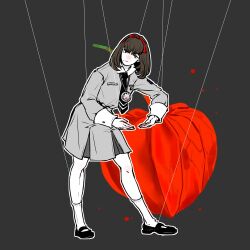 1girl black_necktie black_shoes brown_hair closed_mouth collared_shirt commentary_request full_body grey_shirt grey_skirt hair_ribbon kneehighs long_sleeves looking_at_viewer medium_hair mochi_(hanamaruudondesu) mole mole_under_mouth necktie persona persona_1 puppet_strings red_ribbon ribbon school school_uniform shirt shoes skirt socks solo sonomura_maki st._hermelin_school_uniform white_socks