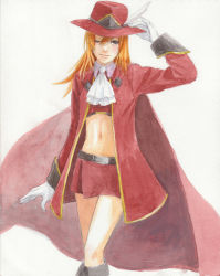 1990s_(style) 1girl belt boots brown_eyes cape coat female_focus final_fantasy final_fantasy_iii gloves hat long_hair midriff miniskirt open_clothes open_coat orange_hair refia shirayukiss skirt solo white_background white_gloves wink