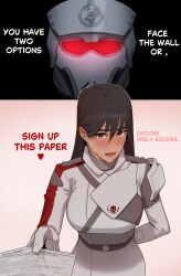 Rule 34 | 1girl, arm behind back, belt, black hair, blush, breasts, c-01 permit (helldivers), english text, forehead protector, gloves, glowing, glowing eyes, heart, helldiver (helldivers), helldivers (series), helmet, highres, hong doo, large breasts, long hair, looking at viewer, no nose, open mouth, red eyes, solo, sweat, tight clothes, white gloves