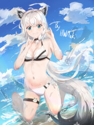 Rule 34 | 1girl, absurdres, ahoge, animal ear fluff, animal ears, artist name, bikini, braid, breasts, cloud, cloudy sky, commentary request, double fox shadow puppet, fox ears, fox girl, fox shadow puppet, fox tail, green eyes, hair between eyes, highres, hololive, hwmaki, long hair, looking at viewer, ocean, outdoors, pentagram, shirakami fubuki, sidelocks, single braid, sitting, sky, small breasts, solo, swimsuit, tail, thigh strap, virtual youtuber, wariza, white bikini, white hair