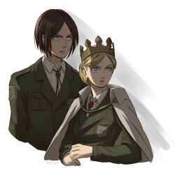 Rule 34 | 1boy, 1girl, artist name, blonde hair, blue eyes, brown hair, commentary, crown, english commentary, eren yeager, formal clothes, grey eyes, highres, krista lenz, long sleeves, official alternate costume, official alternate hairstyle, shingeki no kyojin, shirt, short hair, survey corps (emblem), white shirt, yurikoschneide