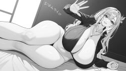 1girl absurdres breasts butterfly_hair_ornament character_request copyright_request greyscale hair_ornament highres huge_breasts jewelry long_hair mole mole_on_breast monochrome navel necklace smile solo thighs translation_request yaponsuki3