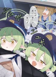 1boy 3girls absurdres all_fours black_hat blonde_hair blue_archive blue_necktie blue_shirt blush breasts clinging demon_tail doodle_sensei_(blue_archive) fang gloves green_hair green_halo gurenola hair_over_one_eye halo hat highres hikari_(blue_archive) kanna_(blue_archive) large_breasts leaning_on_person long_hair looking_at_viewer multiple_girls necktie nozomi_(blue_archive) open_mouth peaked_cap pointy_ears sensei_(blue_archive) shirt siblings sidelocks sisters skin_fang smile speech_bubble tail tearing_up translation_request twins under_table white_gloves yellow_eyes