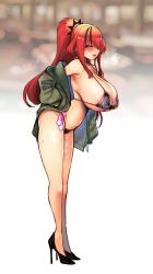 1girl absurdres bare_shoulders bikini black_bikini black_hair breasts condom condom_belt cum hair_over_one_eye high_heels highres huge_breasts jacket kagami_uekusa lain_paterson leaning_forward long_hair looking_at_viewer multicolored_hair multiple_condoms nijisanji off_shoulder open_mouth ponytail red_hair sideboob solo standing streaked_hair swimsuit used_condom virtual_youtuber