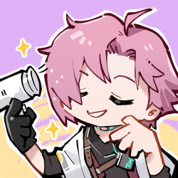 1boy artist_request black_gloves chibi chibi_only chinese_commentary closed_eyes girls&#039;_frontline girls&#039;_frontline_neural_cloud gloves hair_dryer holding holding_hair_dryer lowres male_focus official_art pink_hair second-party_source single_glove solo sparkle tony_(neural_cloud)