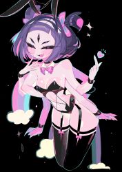 animal_ears bare_shoulders black_background black_choker black_sclera black_thighhighs blush bow bracelet breasts choker colored_inner_hair colored_sclera detached_collar extra_arms extra_eyes fang finger_heart garter_straps hair_bow heart highres jewelry leaning_forward long_hair muffet multicolored_hair navel pink_bow pink_hair purple_eyes purple_hair rabbit_ears rainbow short_hair short_twintails skin_fang small_breasts thighhighs twintails undertale usa37107692