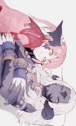 Rule 34 | 2girls, au ra, blue eyes, bracelet, cirina mol, colored skin, crossed arms, dragon horns, final fantasy, final fantasy xiv, green eyes, grey skin, horn ornament, horn ring, horns, jacket, jewelry, long hair, medium hair, mugi kosuta, multiple girls, pink hair, pink jacket, sadu dotharl, scales, sideways, simple background, smile, wavy hair, white background, white hair