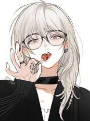 1girl bespectacled bite_mark bite_mark_on_neck black_choker black_shirt candy choker commentary earclip food girls_band_cry glasses grey_eyes grey_hair hand_up hickey highres holding holding_candy holding_food holding_lollipop jewelry kawaragi_momoka lollipop long_hair looking_at_viewer piercing ring shirt simple_background siy_(shengxiu760722) solo tongue tongue_piercing upper_body white_background