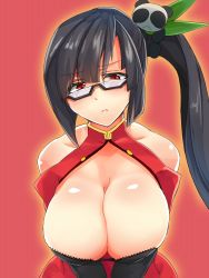 1girl :&lt; arc_system_works bare_shoulders black_background black_bra black_eyes black_hair blazblue bra breasts brll bursting_breasts chinese_clothes cleavage cleavage_cutout clothing_cutout female_focus glasses highres huge_breasts lao_jiu large_breasts leaning_forward litchi_faye_ling long_hair looking_at_viewer open_clothes ponytail pout red_background shiny_skin solo underwear