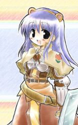 1girl 2000s_(style) animal_ears belt black_belt black_eyes blue_background blue_hair blush brown_capelet brown_dress capelet chest_guard comiket_70 commentary_request cowboy_shot dress exp_mochi fake_animal_ears holding holding_shield long_hair looking_at_viewer monkey_ears open_mouth ragnarok_online shield smile solo swordsman_(ragnarok_online)