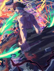 1boy bandana commentary earrings english_commentary fire green_hair haramaki highres holding holding_sword holding_weapon jewelry male_focus one_piece roronoa_zoro short_hair sideburns solo sword taku_(aywakutakuay) topless_male weapon weapon_in_mouth