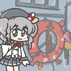 Rule 34 | 1girl, :3, abyssal ship, beret, cowboy shot, enemy lifebuoy (kancolle), epaulettes, ferret-san, frilled sleeves, frills, gloves, grey eyes, grey hair, grey skirt, hat, highres, jacket, kantai collection, kashima (kancolle), long hair, looking at viewer, military jacket, military uniform, neckerchief, pleated skirt, red neckerchief, rope, selfie, skirt, twintails, wavy hair, white gloves, window