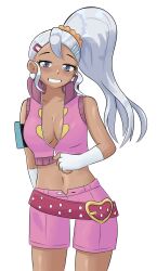 1girl absurdres arm_behind_back bakugan blue_eyes blush breasts cleavage dark-skinned_female dark_skin fingerless_gloves gloves grey_hair grin half-closed_eyes head_out_of_frame highres julie_heyward large_breasts legs long_hair looking_at_viewer midriff naughty_face navel no_bra ponytail shorts smile solo teasing teeth thighs unzipped unzipping