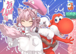 1boy 1girl ^^^ animal_ear_fluff animal_ears antenna_hair blue_footwear blush braid braided_bun brown_pantyhose cabbie_hat closed_eyes commentary_request crossover crown_braid double_bun emphasis_lines fly_guy frilled_jacket frills hair_bun hair_ornament hakui_koyori hat highres hololive jacket long_hair long_sleeves mario_(series) miyabi_(miyabeeya) nintendo no_shoes pantyhose pink_hair pink_headwear propeller red_yoshi riding sleeves_past_fingers sleeves_past_wrists sneezing super_mario_world_2:_yoshi&#039;s_island sweat tail very_long_hair virtual_youtuber white_jacket wolf_ears wolf_girl wolf_tail yoshi