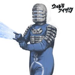 Rule 34 | 1boy, blue bodysuit, bodysuit, dandy (superdive43), dead space, helmet, isaac clarke, logo parody, m/, male focus, parody, solo, tokusatsu, ultra beam, ultra series, white background